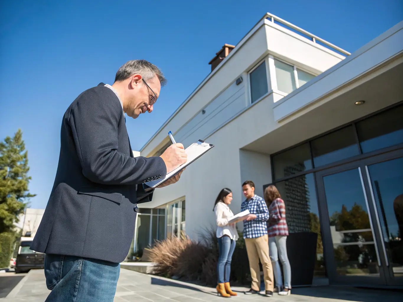 A professional appraiser meticulously inspecting the exterior of a single-family home in a suburban neighborhood, focusing on architectural details and property condition, to represent home appraisal services for private clients.