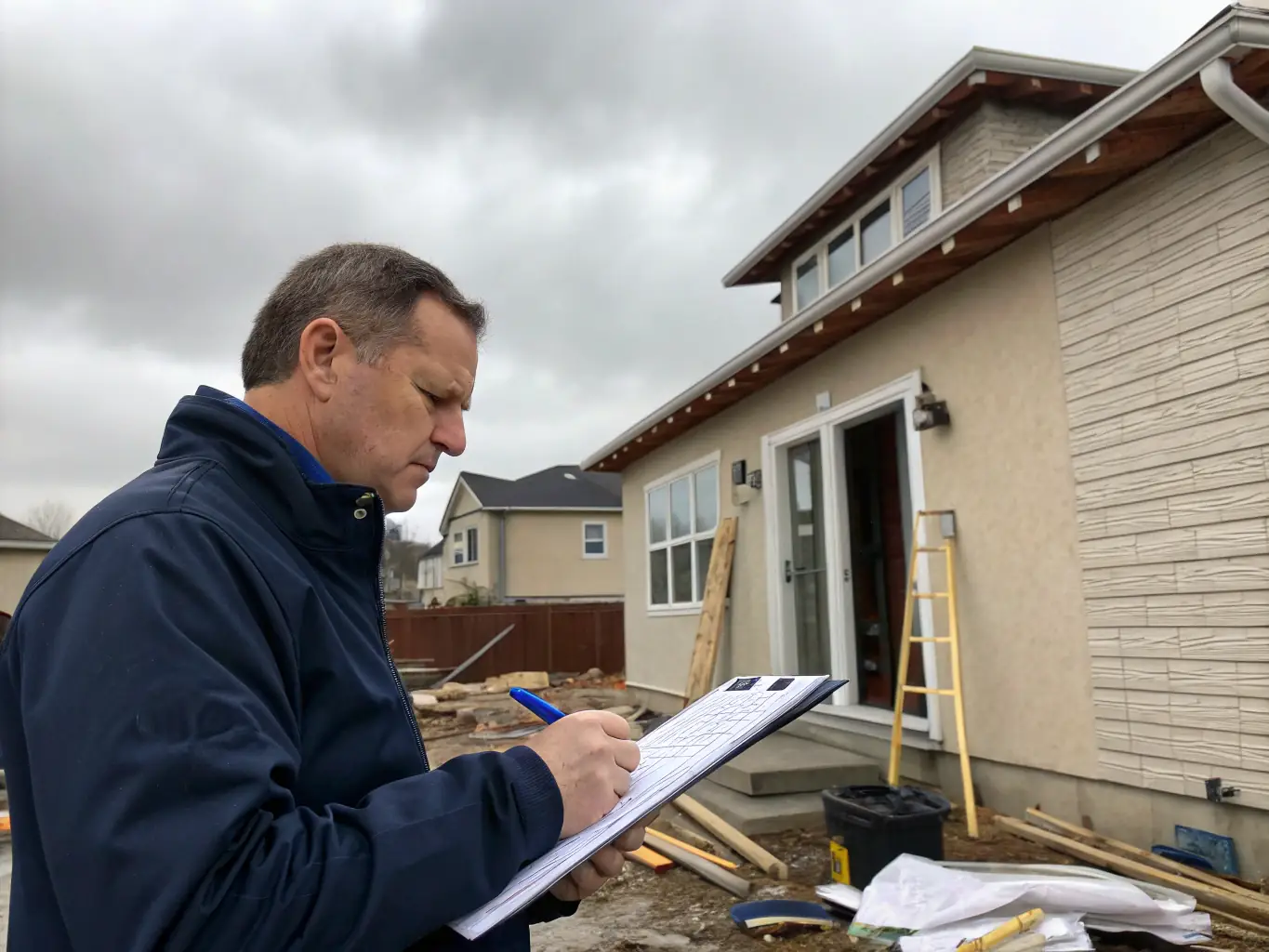 A professional appraiser inspecting a residential property with a clipboard and measuring tools, focusing on exterior details.